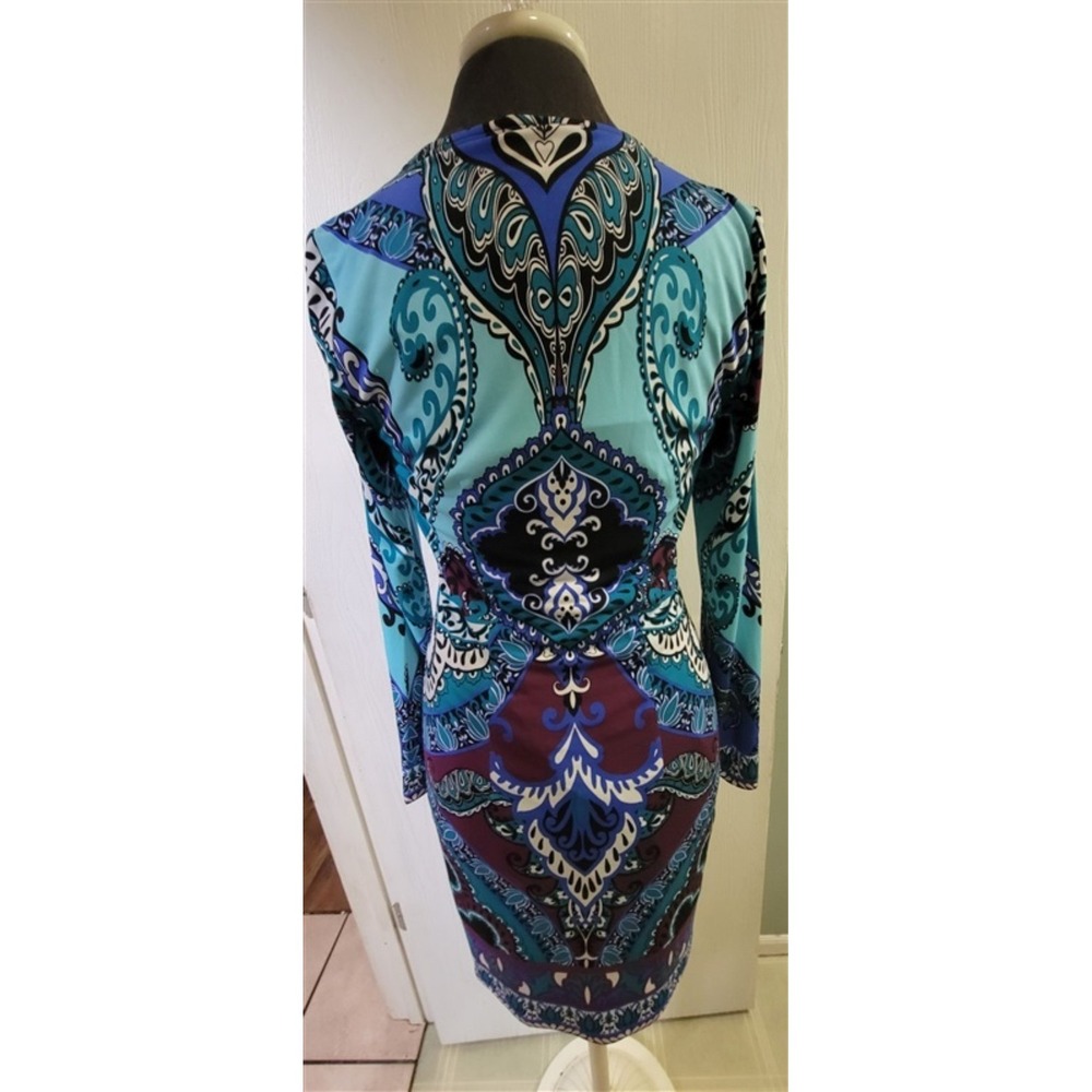 NWT Hale Bob S Jersey Dress Faux Leather V Neck Purple Blue 114756 - Picture 2 of 3